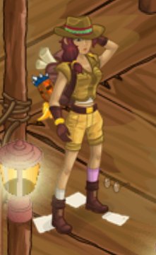 A female wearing explorer attire and a matching hat. Two scrolls are poking out of her backpack. A decorated wooden mask with blue feathers hangs on the side of the same backpack.