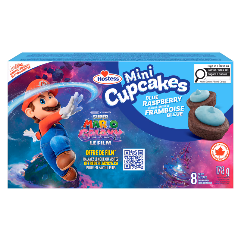 A box of Hostess brand blue raspberry chocolate mini cupcakes, branded with the Mario Galaxy Movie.