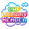 Pixel cloud with blocky text overlaid. The text reads DWF Library Member, and the cloud is in a blue to purple gradient, with the text in a rainbow gradient.