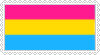 a rectangular pansexual flag stamp with the colors pink, yellow, and blue in that specific order. this stamp has a white lacey border