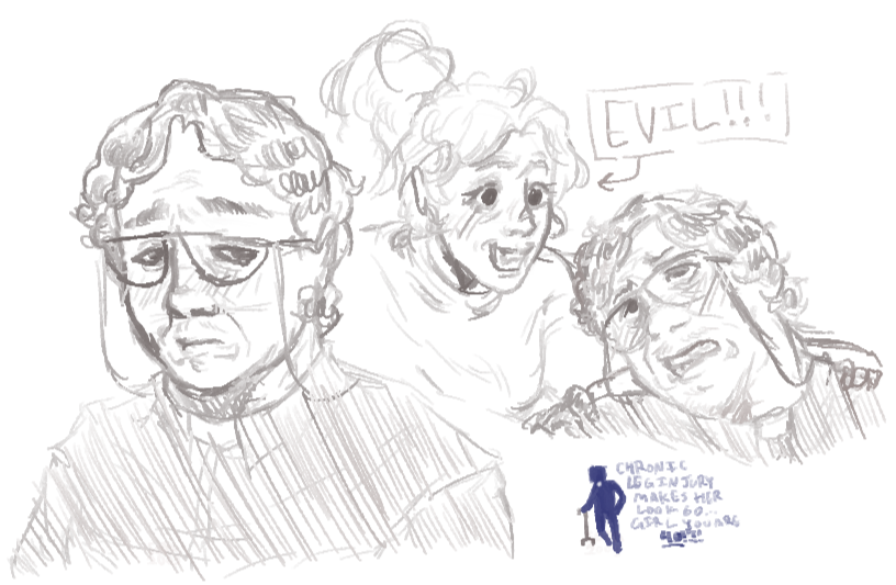 fanart for faith: the unholy trinity. a page of uncoloured doodles. the first, leftmost doodle features john ward. they are wearing glasses and facing towards the viewer with a pensive, tired expression. to the right of this doodle is the sketch for another drawing in the gallery, featuring lisa pearson grabbing the back of john ward's chair. beneath this doodle is a small, pixel-inspired colour doodle featuring john ward holding a medical cane. one leg, accurate to the game, is lifted in a limp.