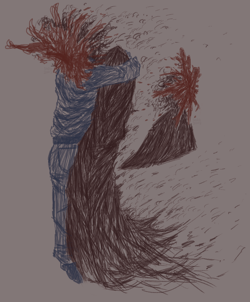 fanart for faith: the unholy trinity. john ward hugs the mirror demon, with their head obscured from the viewer by the demon's head. the demon appears to be smoldering, and their face is similar to a shotgun wound - exploding like a flower. beside them is a doodle of the mirror demon looking to the right.