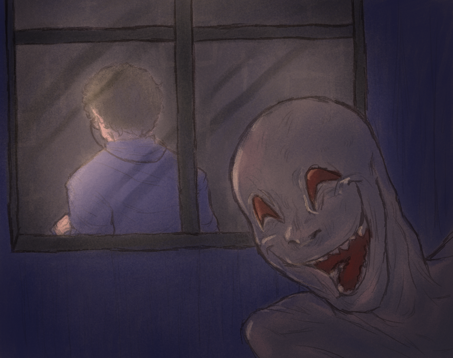 fanart for faith: the unholy trinity. the viewer is looking through john ward's window from outside. they are faced away, apparently reading a book, with their glasses on. the wall in front of them is covered fully in hanging crosses. in front of the window, facing towards the viewer and looking into john's window, is the demon, michael. they wear a giant, inhuman grin.
