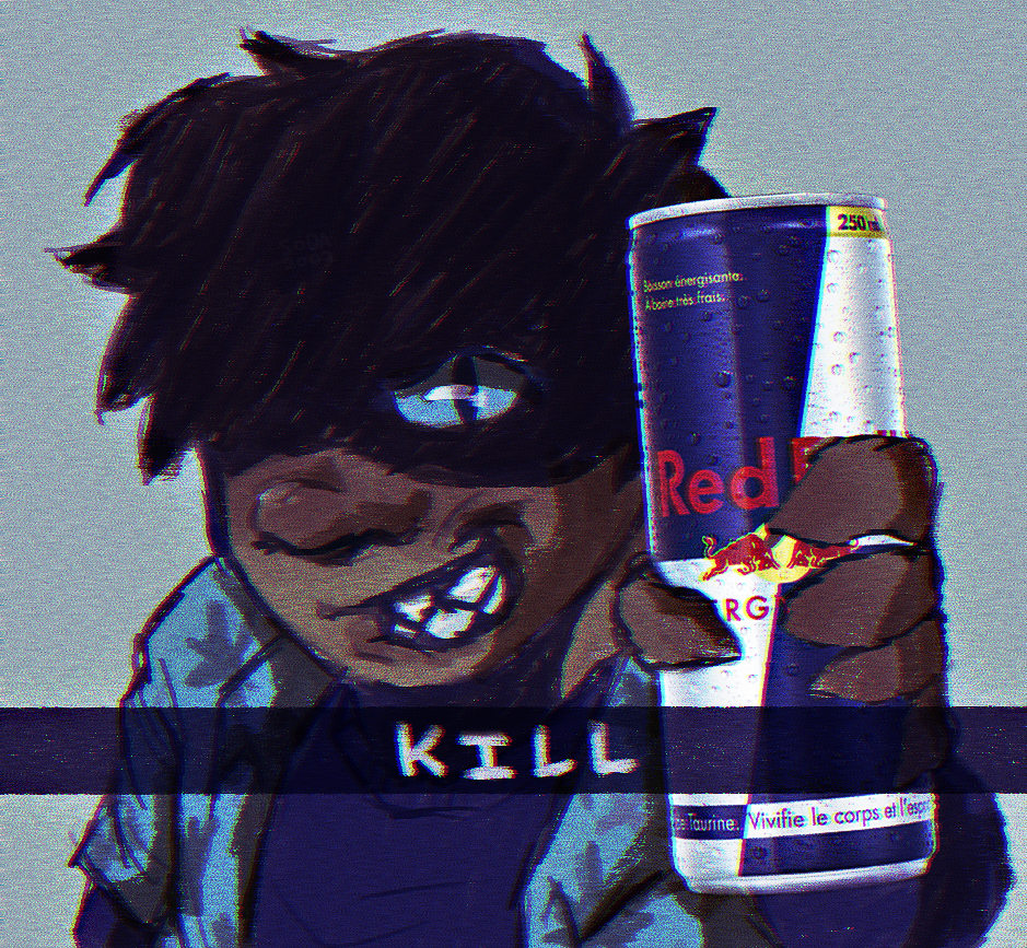 a drawing of benrey from half life vr but the ai is sentient, from the chest-up. they are in casual clothes and without their usual helmet. their eyes are obscured by shadow, merging with their short black hair. they look at the viewer with a mischievious, sharp-toothed grin and fully blue eyes. they are holding a redbull towards the viewer with a clawed hand. the drawing has a snapchat-esque caption overlayed, which says, in all caps, kill.