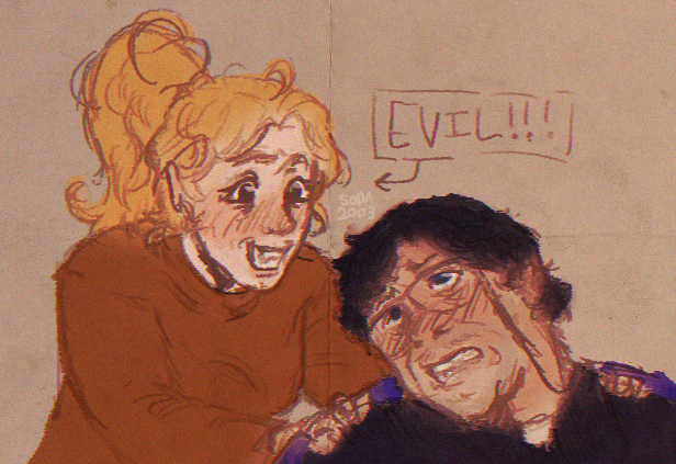 fanart for faith: the unholy trinity. lisa pearson, in an orange sweater and with a blonde ponytail, is behind john ward's chair. they are both drawn from the chest-up. lisa is grabbing the back of john's recliner and grinning at them. john is looking over their shoulder at lisa, wearing glasses, seemingly annoyed. lisa is labeled 'evil!!!' with an arrow pointing at her.