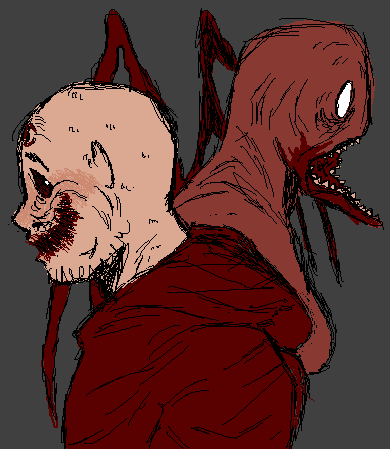 fanart for faith: the unholy trinity. featuring gary miller and malphas from the chests up.gary is in front and faces left. he stares at the viewer with dark eyes and a large, unnateural, reddened grin. malphas is behind and faces left. they stare blankly forward.