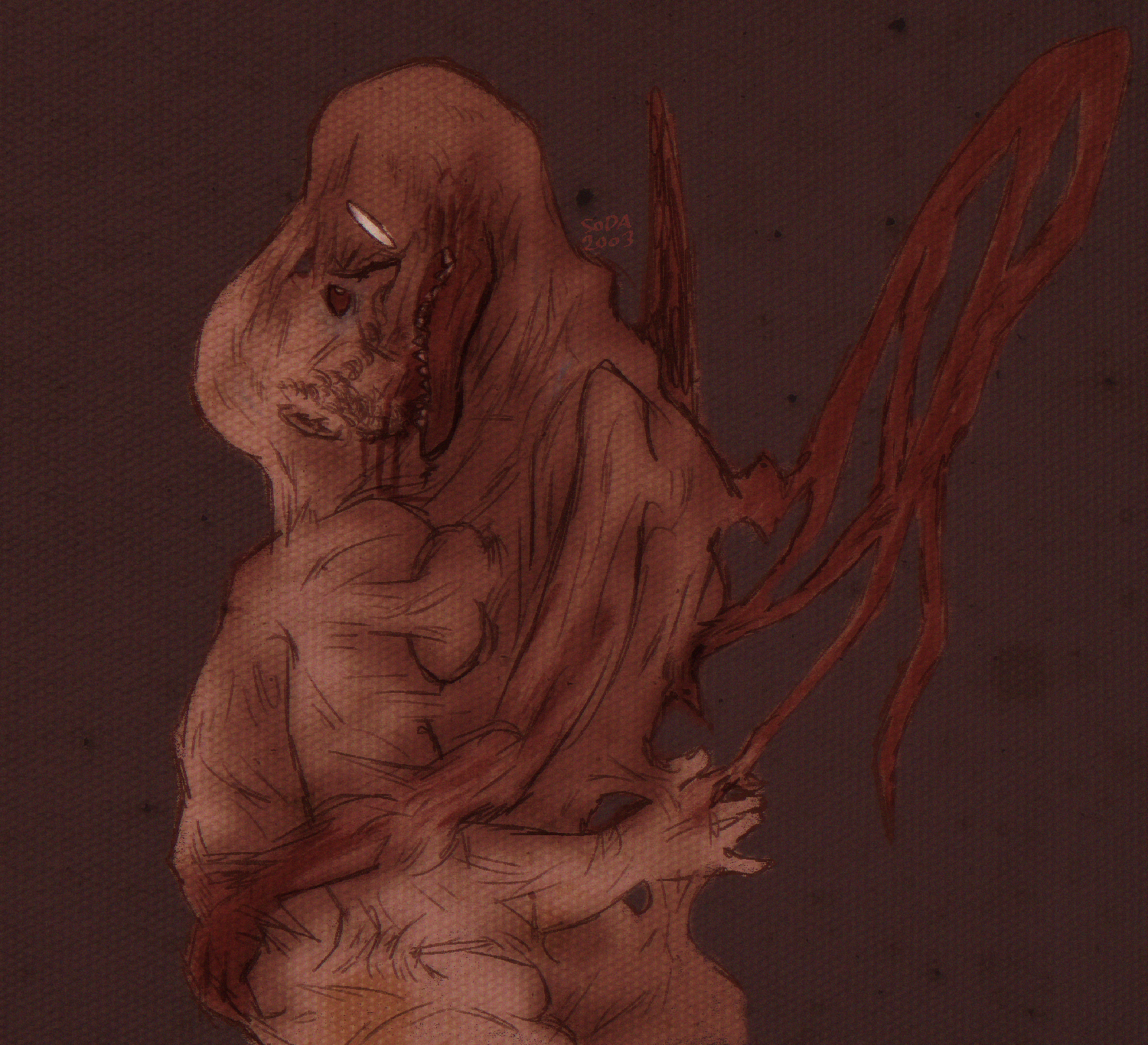 faith: the unholy trinity fanart, containing themes of body horror. two entities are facing each other. the one on the left, gary miller, appears to be a normal human man. they are bald. their eyes are fully dark with small, white pupils. the one on the right, malphas, is a skinny demon. their eyes are entirely white. their mouth is stretched out into a disgusting, beak-like maw, and their upper jaw is missing. they have fleshy, thin, wing-like appendages on their back. the two entities are facing each other, drawn only from the waist-up, in an embrace. their flesh is fusing together - gary's mouth has completely disappeared into malphas' beak, and most of their bodies have become one, with only shapes, strings of flesh, and skin colour seperating them.