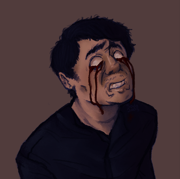 a chest-up drawing of john ward from the game faith: the unholy trinity, based on a screenshot from the game, containing blood. they are looking upwards. their eyes are white, and blood is dripping down from them. they have dark hair and are wearing a dark shirt. their expression is fearful.
