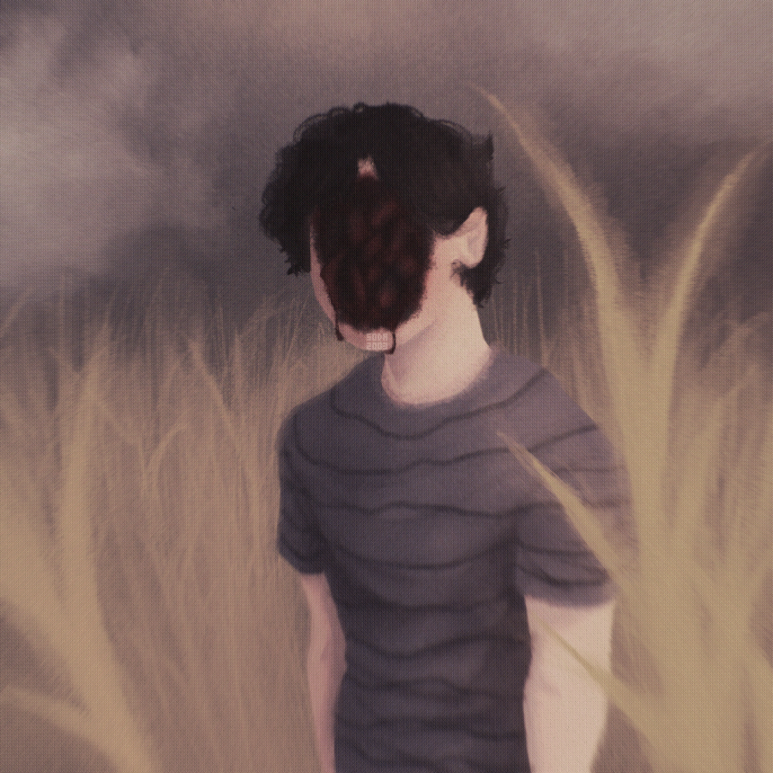 fanart for the game faith: the unholy trinity, containing mild gore and body horror. it is digitally painted. a child of about eleven stands in a field of yellowed cornstalks. the sky behind them is grey. they wear a pinstriped blue t shirt. their hair is short, curly and black. their face is missing, with only a gorey hole remaining. blood dribbles down their chin.