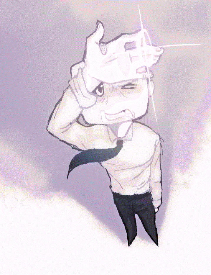 fanart for the game off. an elsen looks up at the sky. their black tie flies in what is likely a strong wind. they are squinting with a hand shielding their face. their appears to be a bright light in front of them that the viewer cannot see.