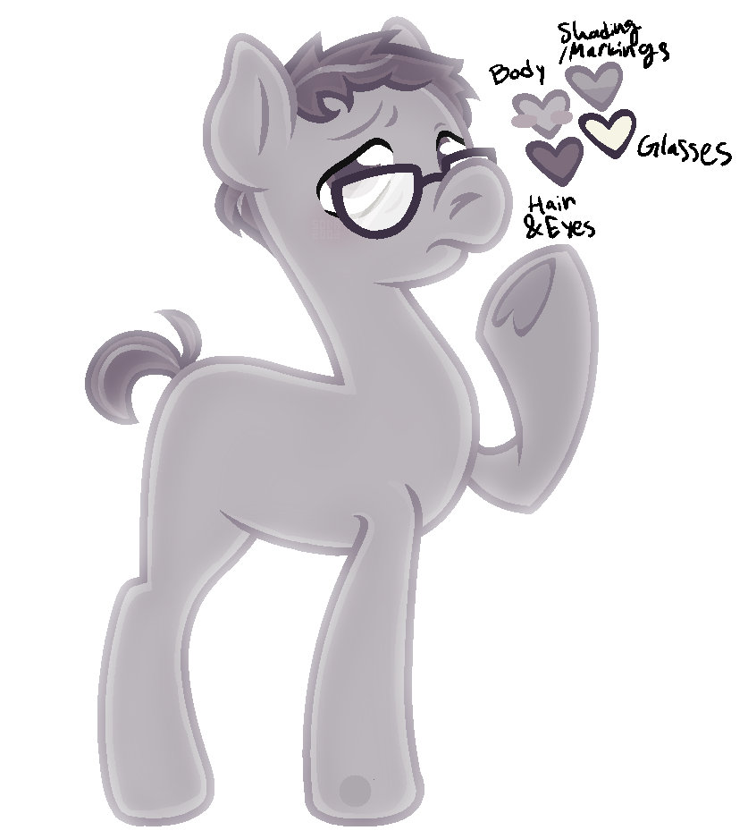 a drawing of my my little pony oc, named dissy, short for dissenter. they are an all-gray pony with short, dark hair and dark eyes. they wear glasses and do not have a cutiemark. they look at the viewer warily, raising a hoof towards their own face. on their front hoof is a circle. beside them is their colour palette.