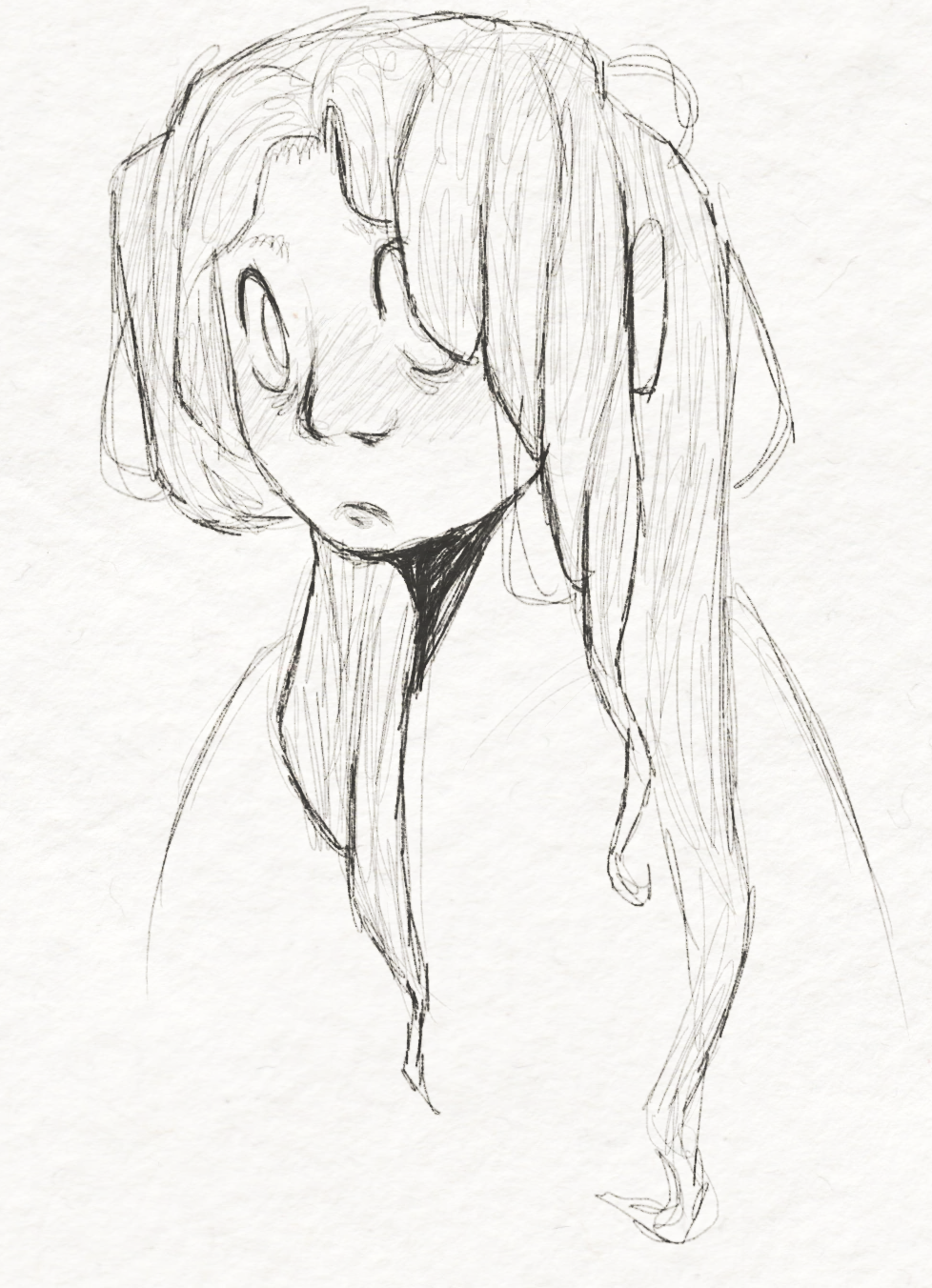 a simple colourless sketch of a long haired person looking absently toward the viewer through their hair.