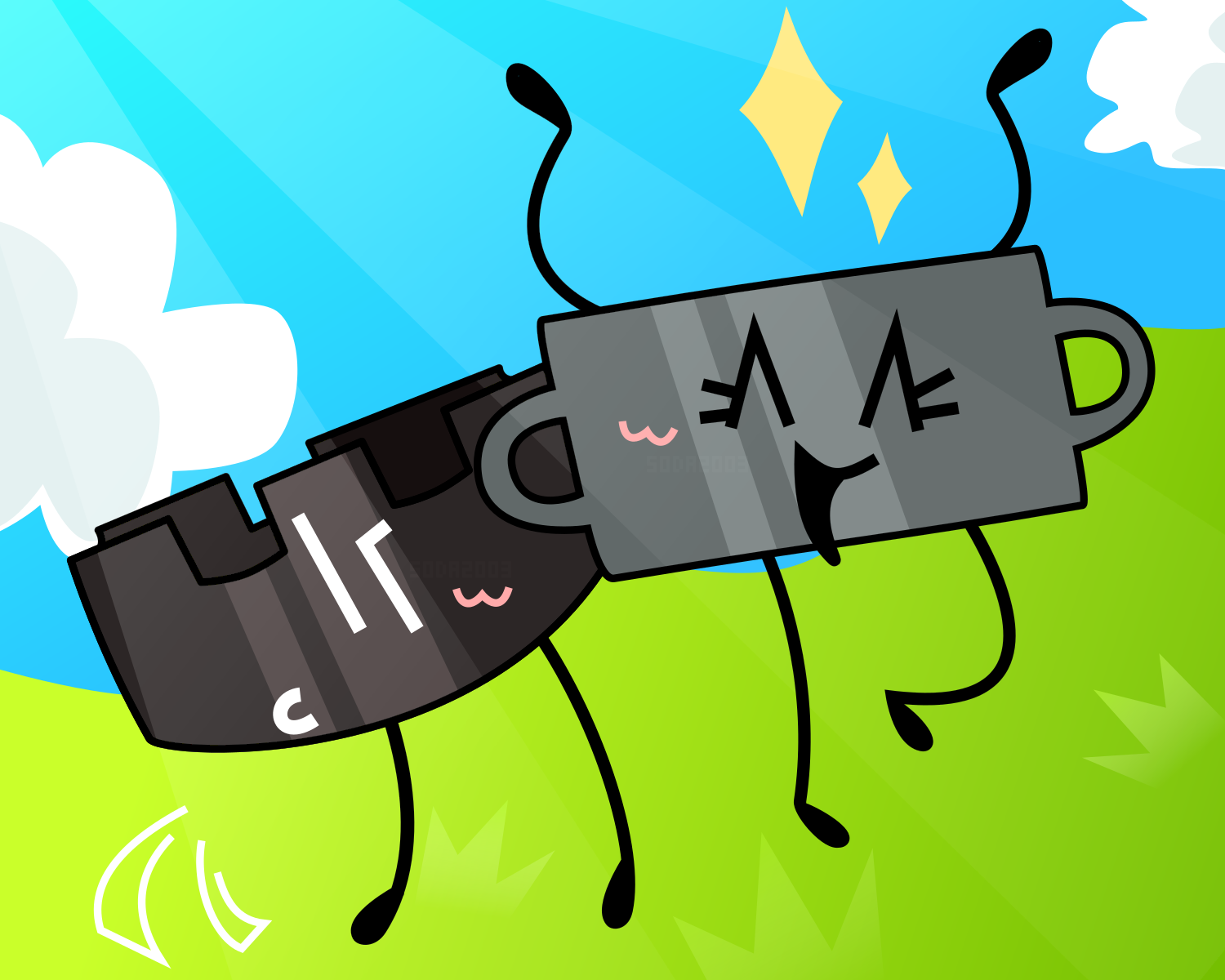 a simple drawing featuring my object ocs, ash tray and silver tray. ash tray is a black ash tray and they look rudely at the viewer. beside him is his sister silver tray, who jumps for joy, sparkles over her head. they are in a green field with a blue sky.