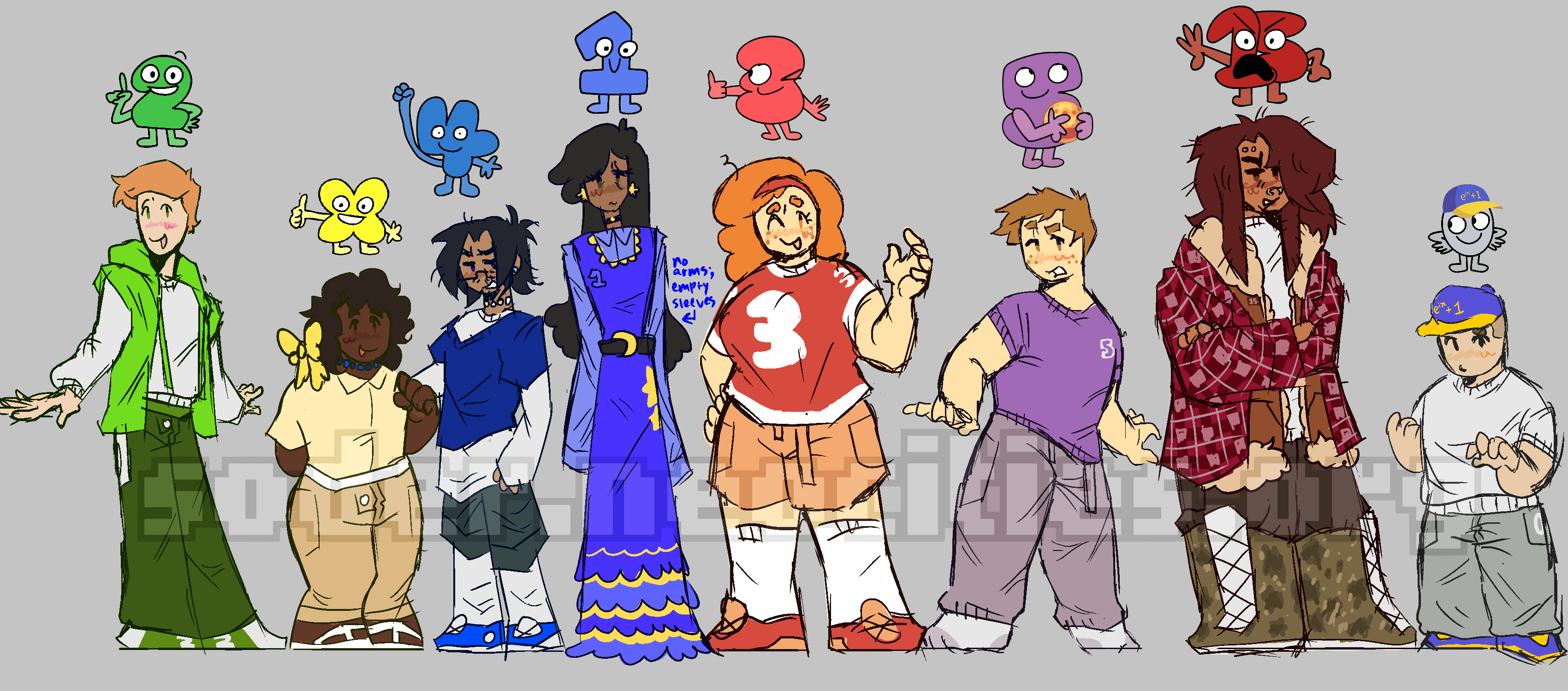 a lineup of messy character designs. they are all humanized versions of algebraliens from x finds out his value. they are lined up from left to right. first is two, who is a tall, thin, white, short-haired person with a white sweater, a green sleeveless hooded jacket, dark green pants, and green sneakers. their sneakers feature the number two. second is x, show is a short, chubby, black, mid-length haired person. they wear a pastel yellow short sleeved collared shirt, a white belt, khaki pants, and white sandals. in their hear is a yellow bow, and around their neck is a blue kandi necklace. third is four, who is a short, thin, brown, mid-length haired person. they wear a white long sleeved shirt underneath a blue short sleeved shirt, slate gray shorts, long white socks, and blue sneakers. they wear square shaped glasses. in their ears are blue stud earrings featuring the number four, and around their neck is a yellow kandi necklace. fourth is one, who is a tall, thin, brown, long-haired person. she wears a floor-length ruffled blue dress with yellow accents, a number one on her chest, and stars on her left hip. on top is a belt with a moon on it, and underneath is a long-sleved collared light blue shirt. she wears large star earrings and a black choker with a gold button on the front. beside her is the text, no arms, empty sleeves. fifth is three, who is a tall, muscled, white, long-haired person. she wears a red and white short sleeved jersey with the number three on the front and shoulders, pastel orange basketball shorts, long white socks, and red and orange sneakers. her face is freckled. she wears a red headband. sixth is five, who is a short, chubby, white, short-haired person. they wear a purple shirt with the number five on it, cool grey sweatpants, and white and grey socks. their face is freckled. seventh is fifteen, who is a tall, chubby, brown, long-haired person. they wear a white sweater, a brown coat with fur lining, and a red argyle jacket on top. they wear brown pants with camo print winter boots. on their brown jacket is the number fifteen. they have multiple facial piercings. lastly is zero, who is a short, chubby, white, shaved-headed person. they wear a thick white t shirt, light grey pants, and blue and yellow sneakers. their pants have the number zero on the pockets. they wear their usual blue and yellow hat with euler's equation on the front.