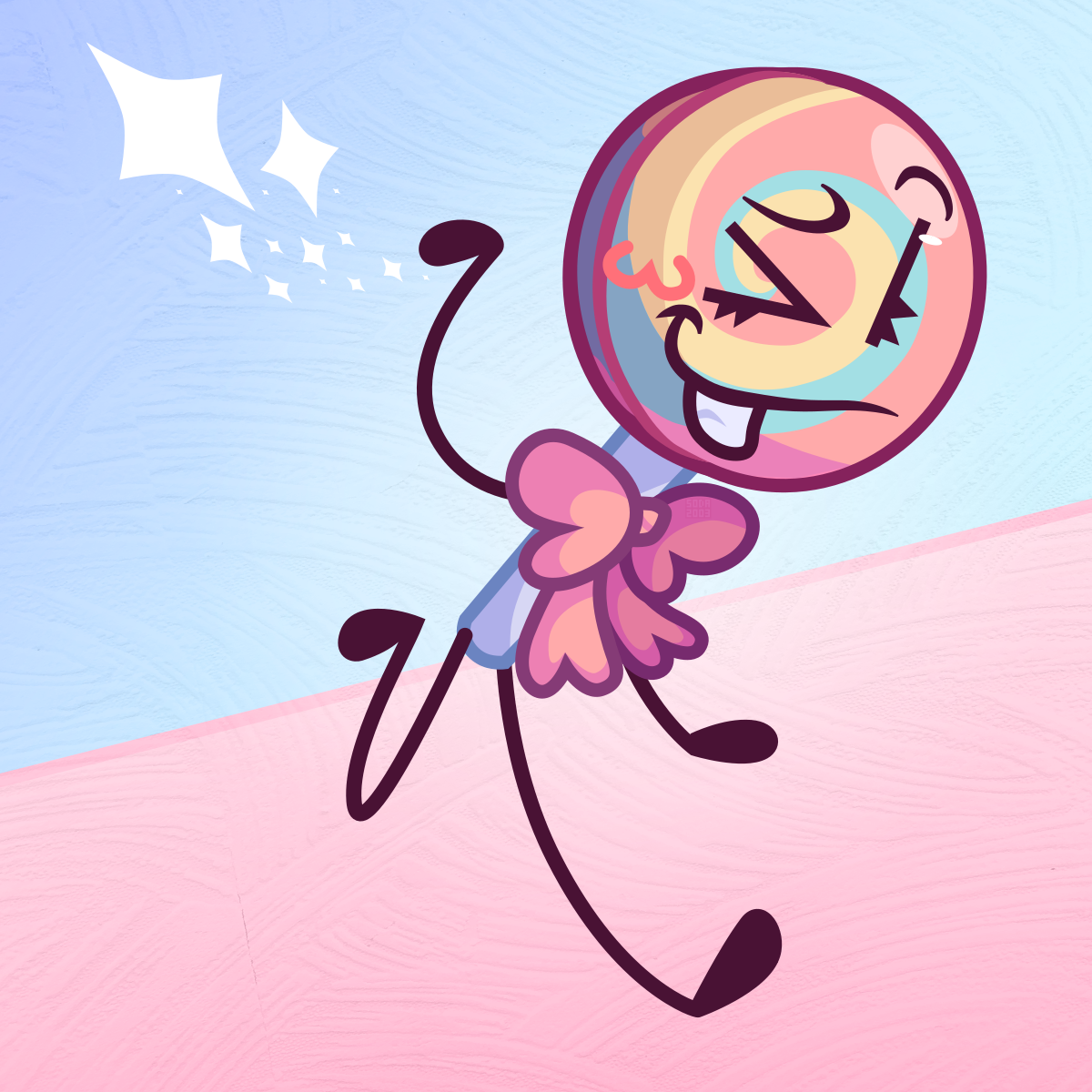 a drawing of my object oc, swirlypop. she is a swirled lollipop, with pastel pink, yellow, and blue swirls. she wears a pink bow on her stick. she runs playfully towards the viewer and winks, sparkles coming out from her hand. the ground is at a tilt, with a pink floor and a blue sky.