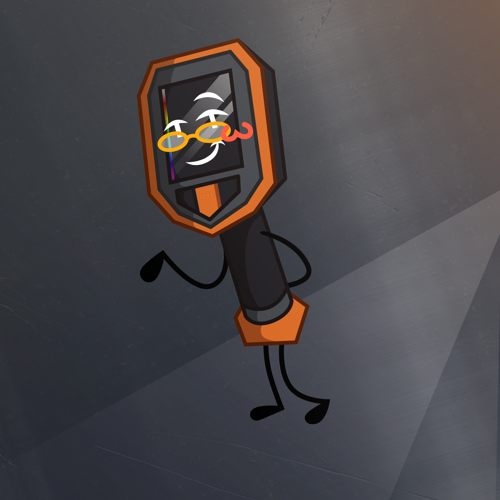 a drawing of my object show oc, tom, who is a thermal imaging camera. they look at the viewer with a plain, inviting gaze. they are in what appears to be a long, concrete hallway. they are tall, and almost prideful. their faceplate is grey with a bright orange outline, and their eyes and glasses sit in front of an imaging screen. beneath their face are three buttons, two black buttons and an orange center button. the bottom of their body, which is the camera's handle, is also orange.