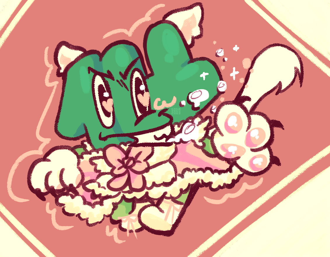 a drawing of fourteen from battle for dream island. they are wearing a fluffy pink maid esque dress, cat ears, a cat tail, and cat paws on their hands. they are running past the viewer. they look at the camera with a hungry gaze and hearts in their eyes. drool flies behind them.