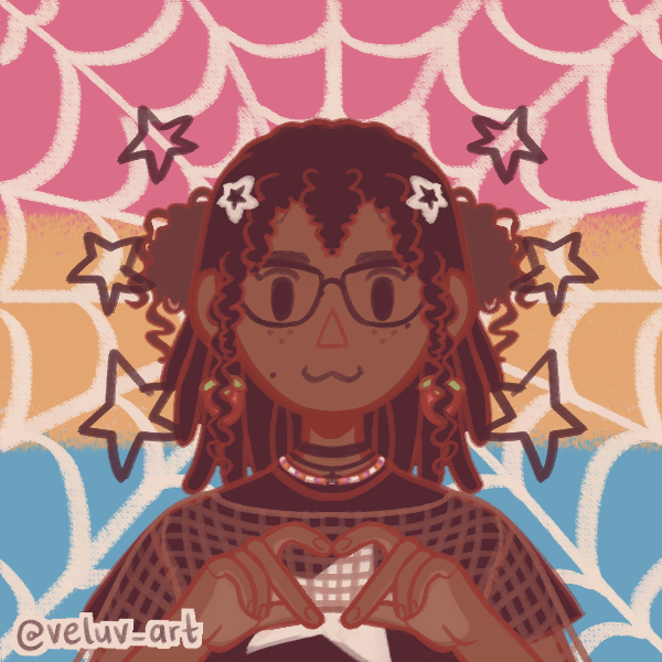 Animated image of this Neocities' Creator's Persona. Image of a black woman, with glasses, bangs, and a black shirt. The woman has a mesh vest atop the shirt. The background depicts the Pansexual flag (pink, yellow, blue) with a white spiderweb over it.