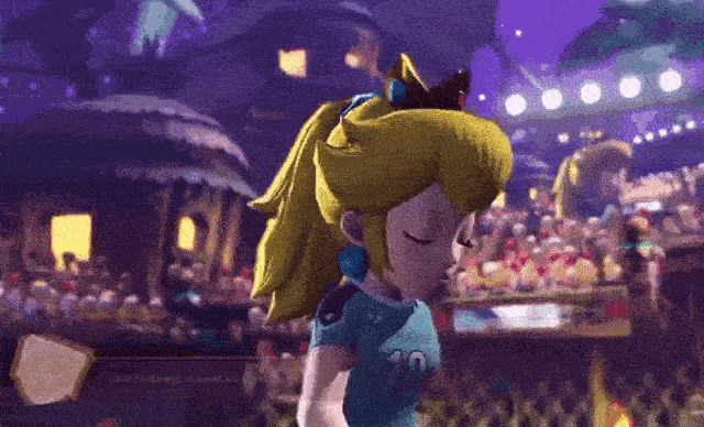 Gif of one of Princess Peach's loss animations in Mario Strikers. Peach seems surprised at something that happened off screen. First, she lowers her eyes in anger. Then, she takes a deep breath while fanning herself, and completes it with a slow outward breath, pushing her hands forward in release. Finally, the gif ends with her walking away with a graceful calm confidence.