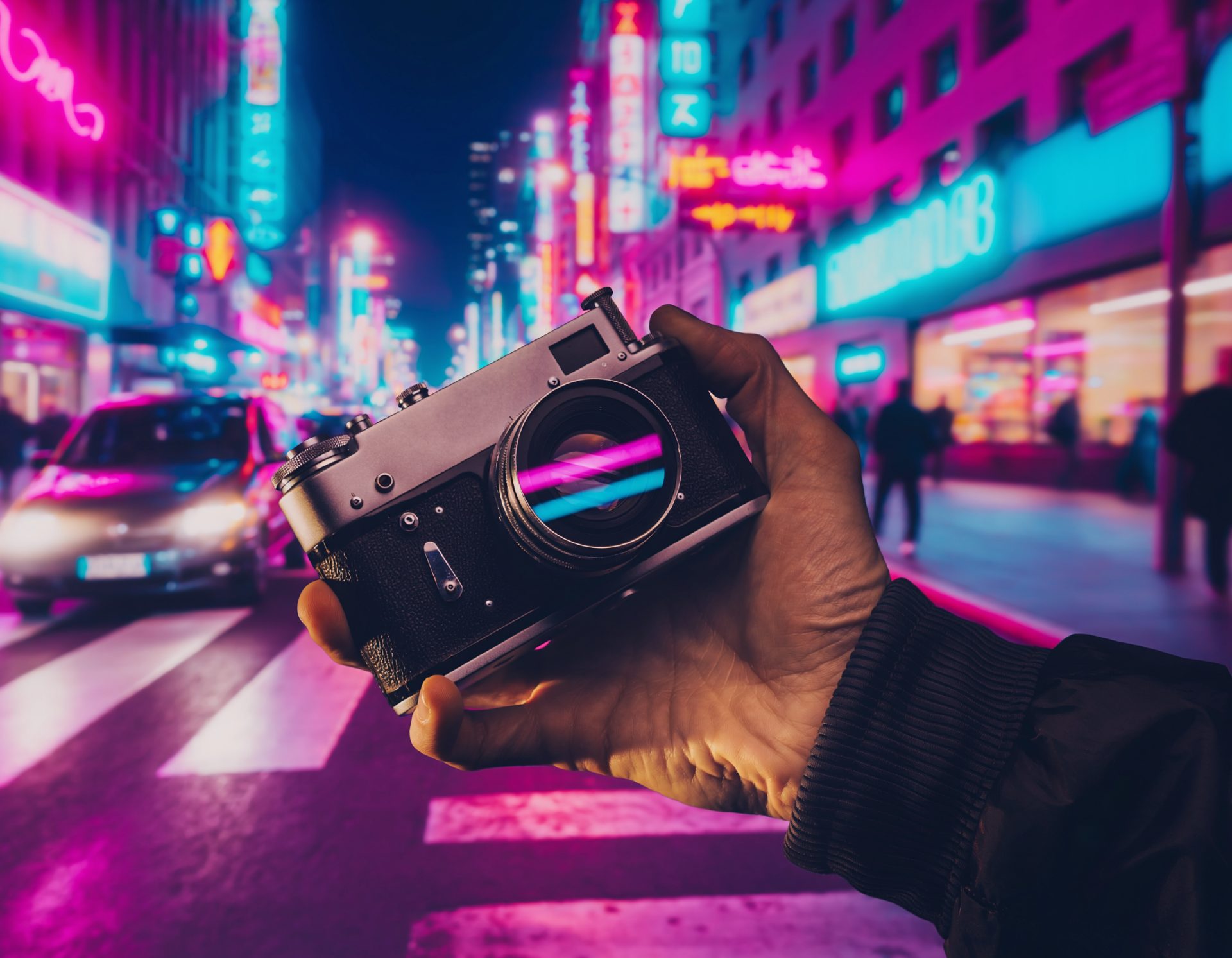 Vintage Camera On Neon Street