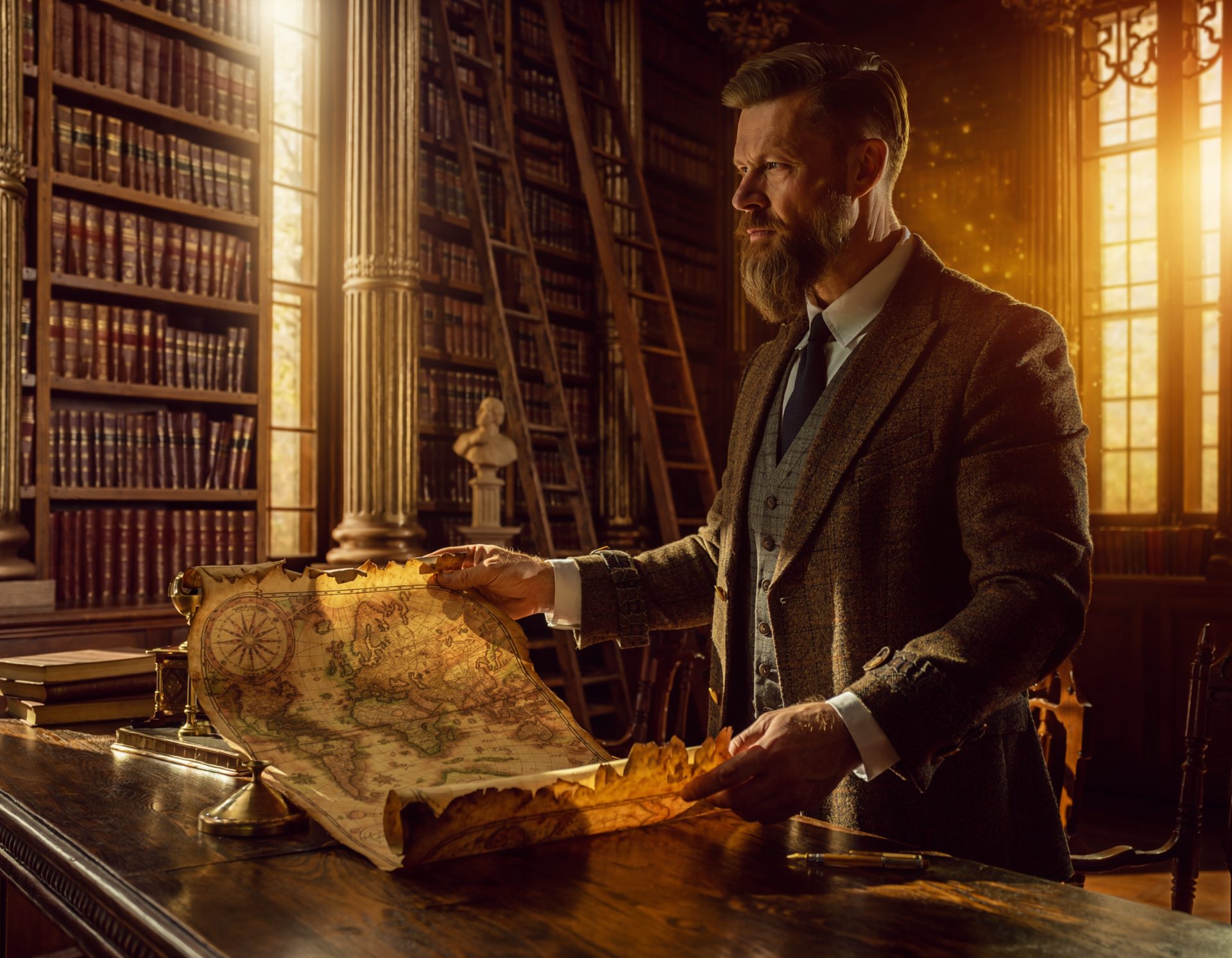 Scholar Examining Ancient Library Map
