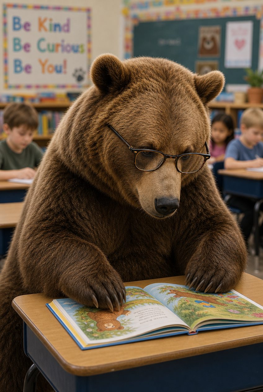 Studious Bear Reading in Classroom