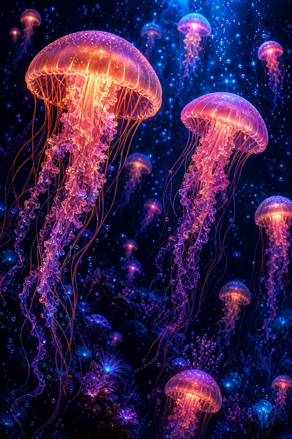 Bioluminescent Jellyfish in Deep Blue