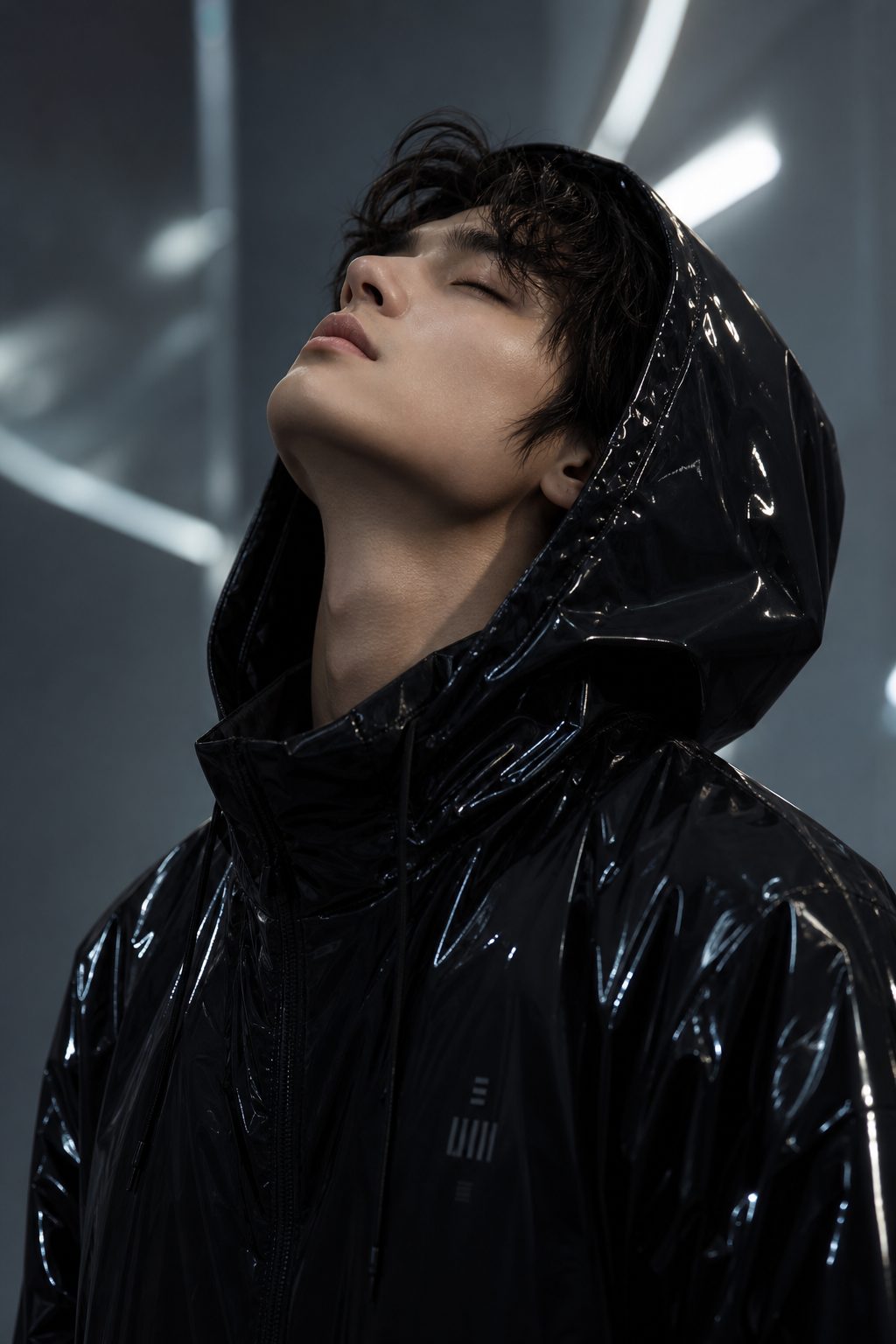 Reflective Black Hooded Fashion Portrait