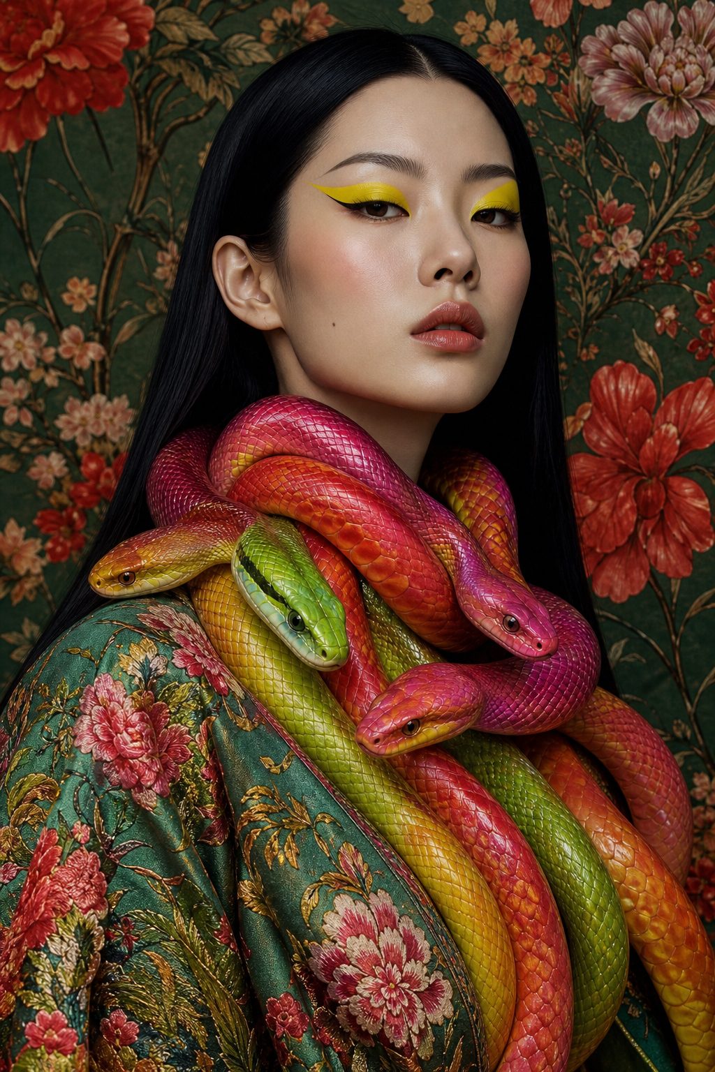 Surreal Avant-Garde Portrait with Colorful Serpents