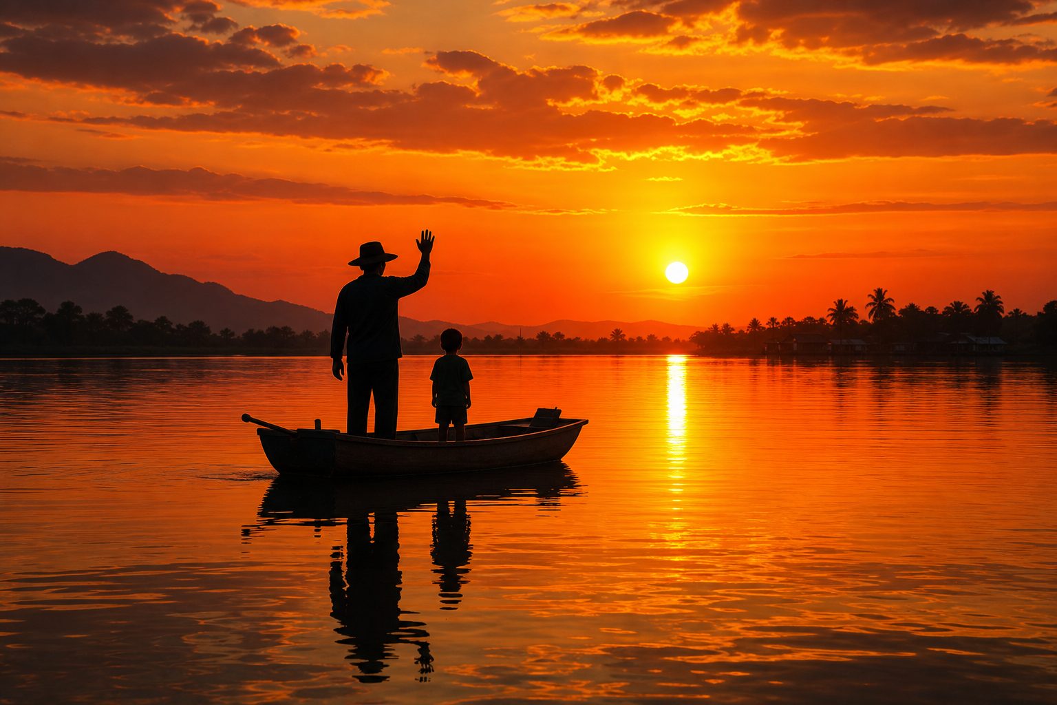 Sunset Voyage with Father and Son