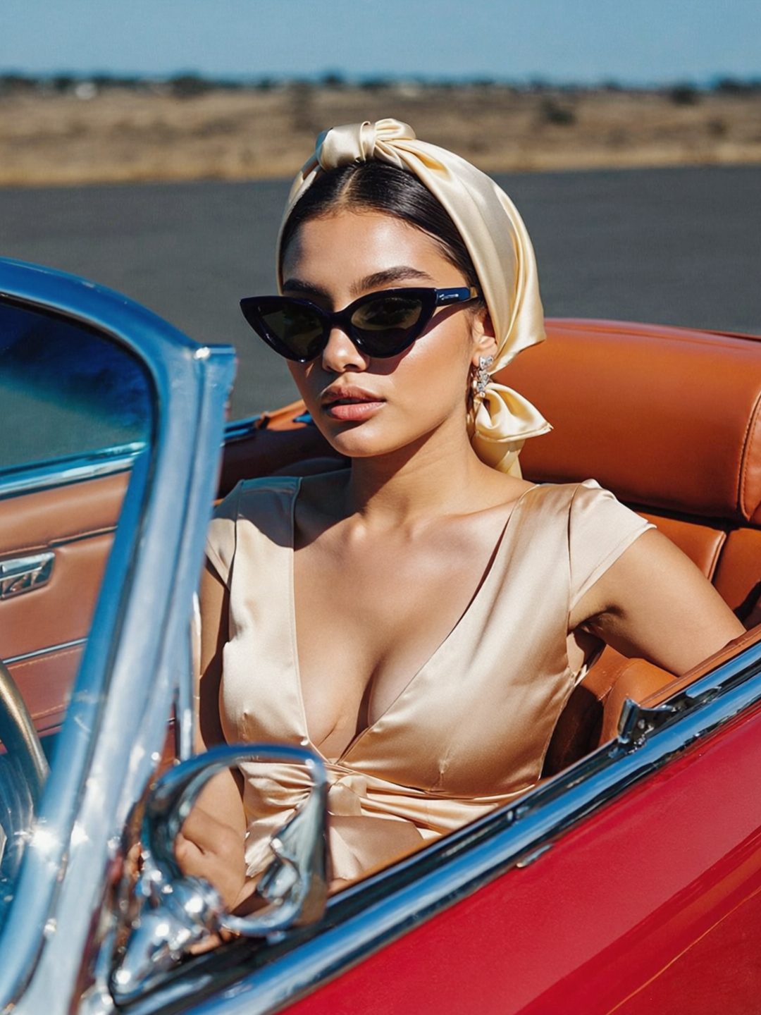 Vintage Glamour in a Red Convertible