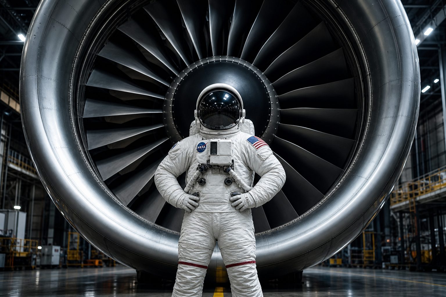 Astronaut Standing Before Jet Engine