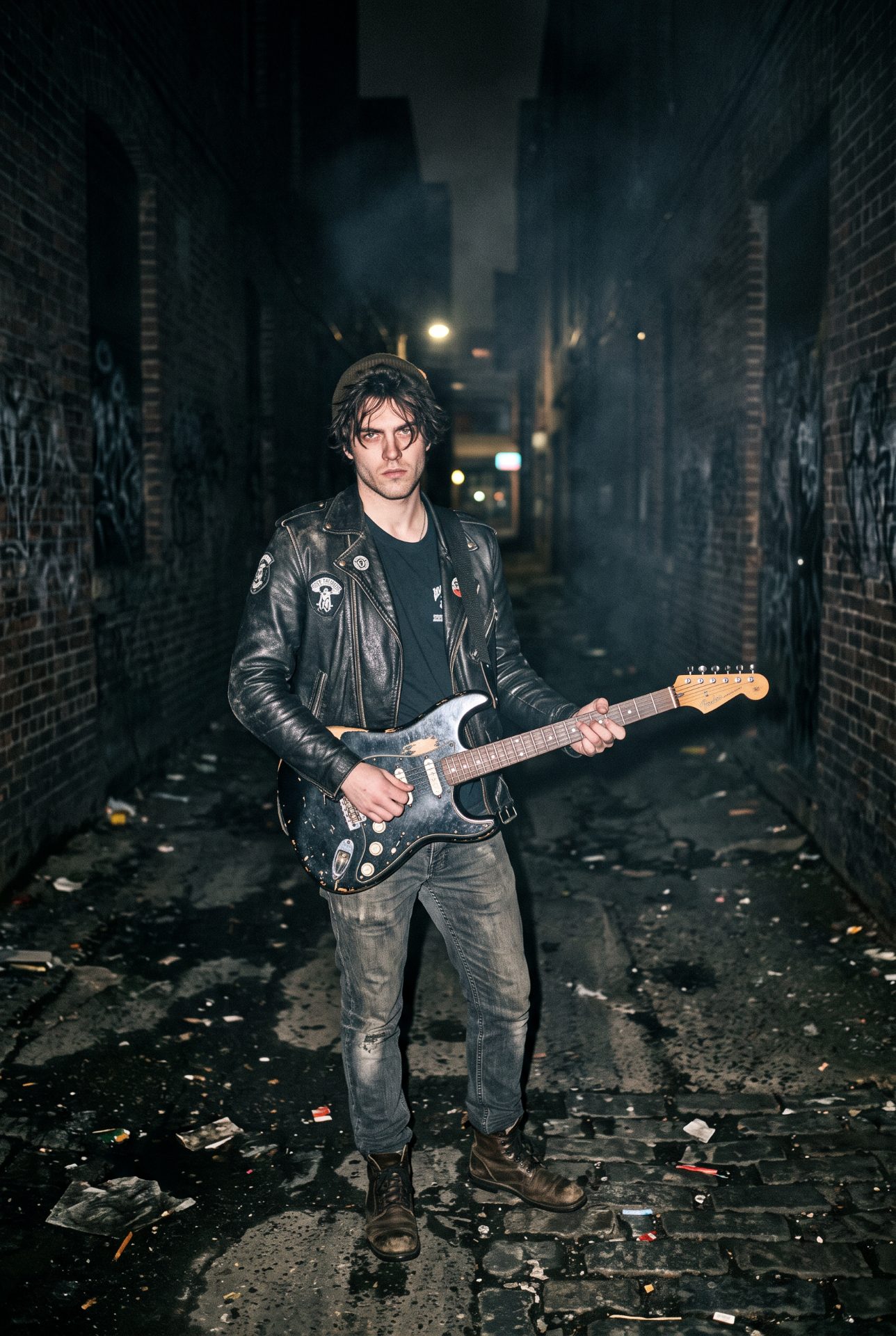 Midnight Alleyway Musician with Guitar