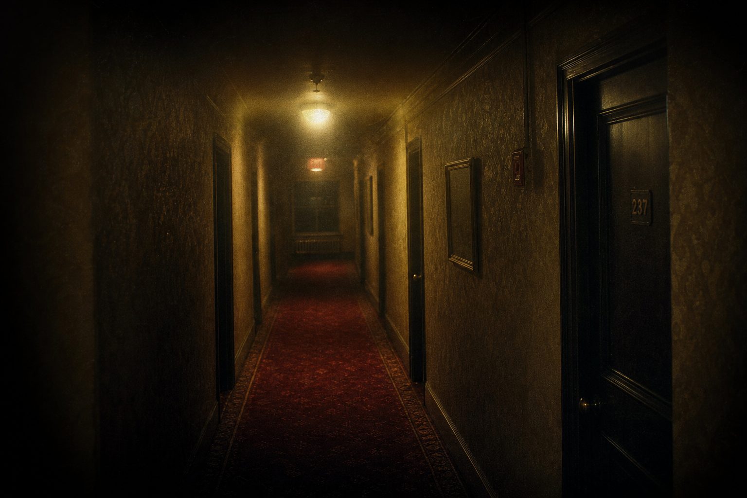 Eerie Red Carpeted Hotel Hallway