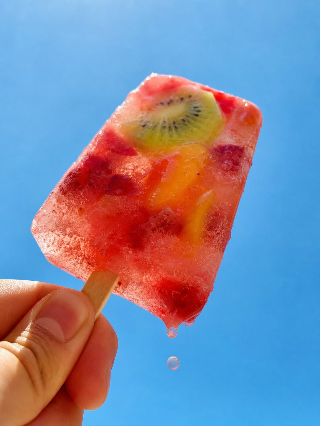 Melting Fruit Popsicle Against Blue Sky