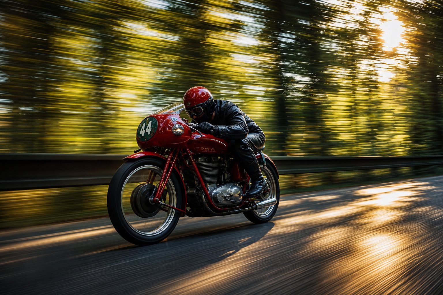 Vintage Red Motorcycle Forest Race