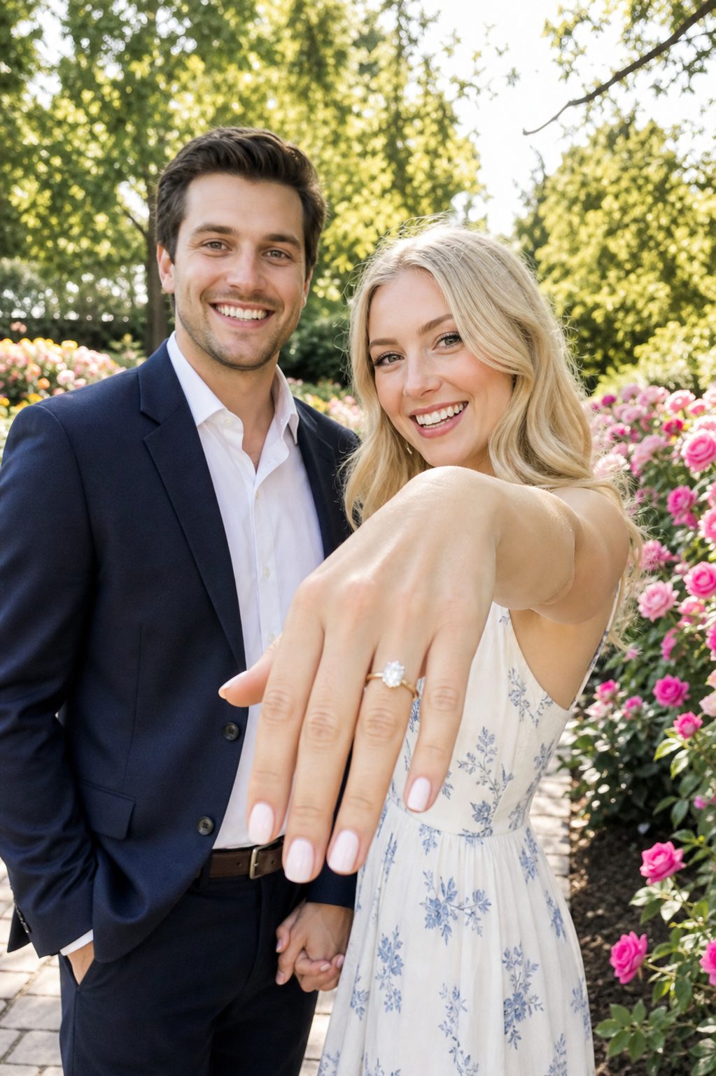 Joyful Couple Showing Engagement Ring