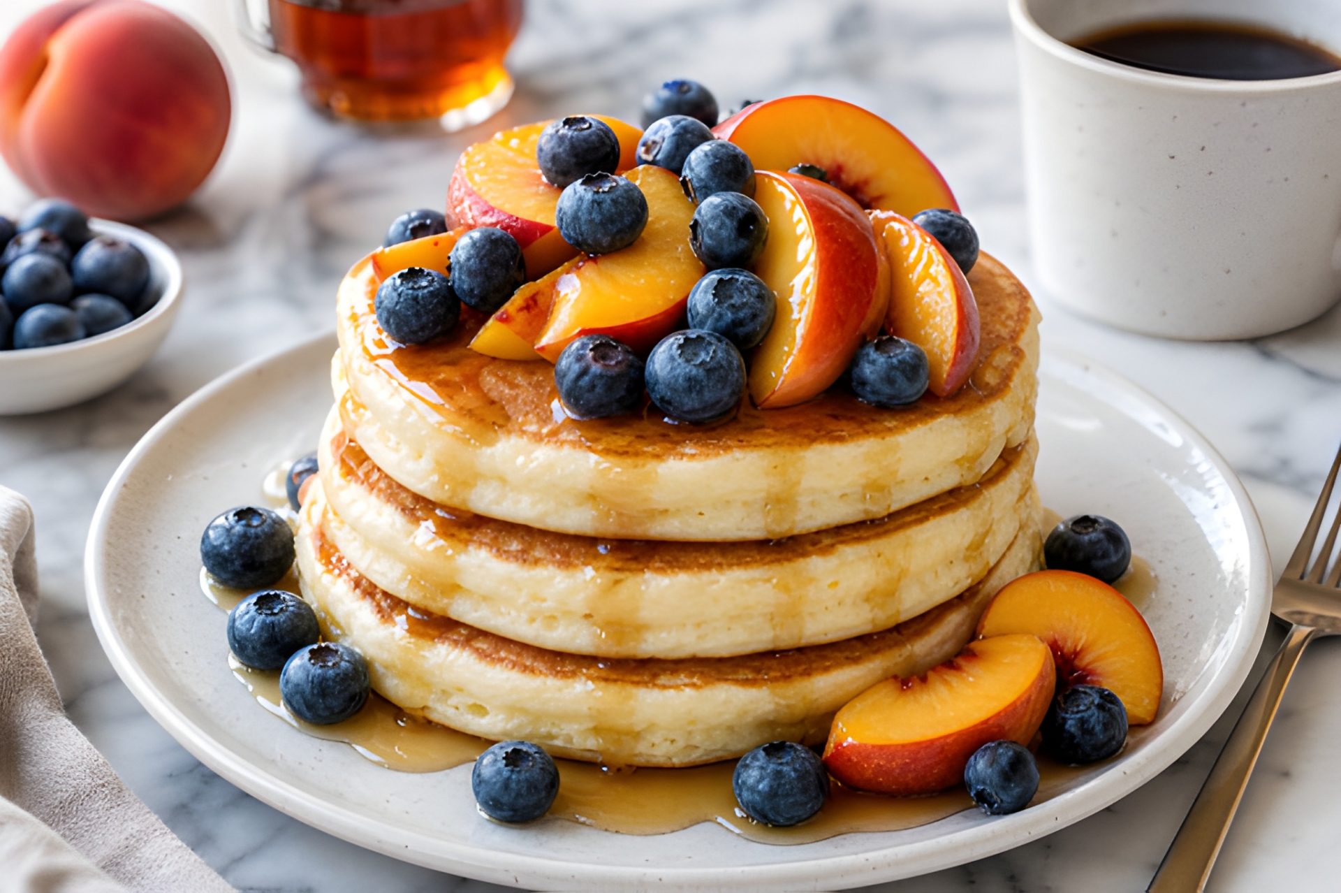 Fluffy Peach And Blueberry Pancakes