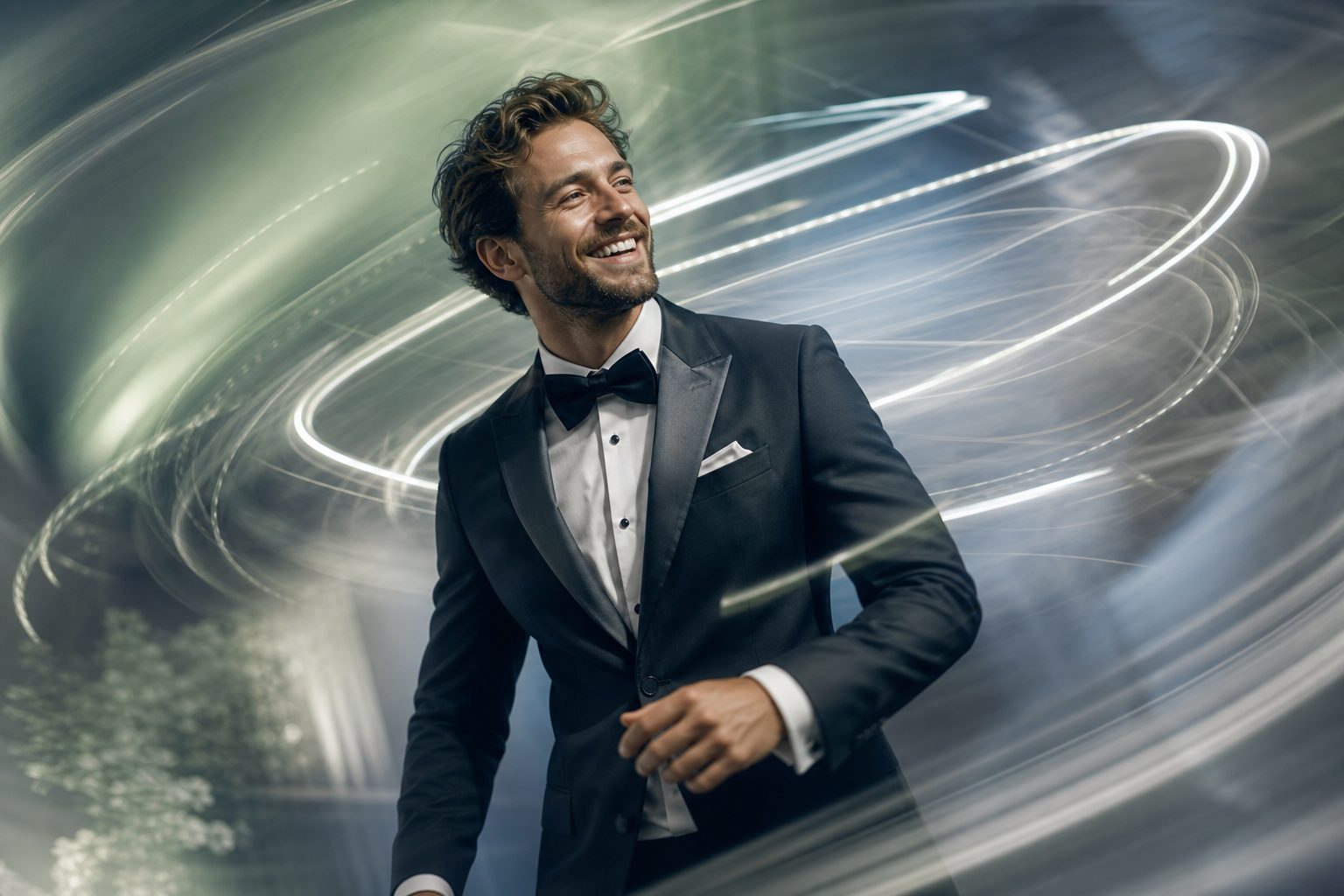Elegant Man in Tuxedo with Light Trails