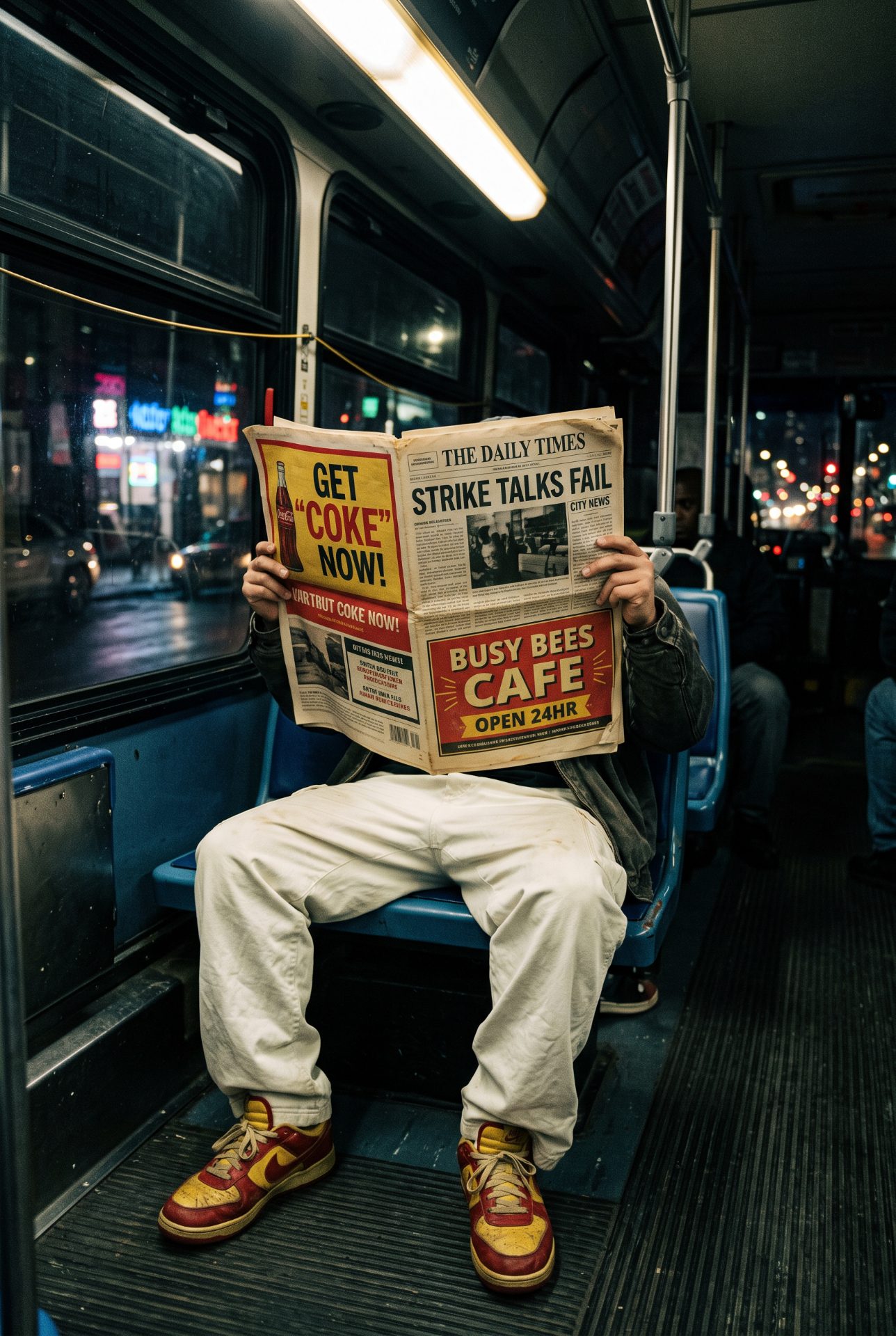 Night Commuter Reading Newspaper on Bus