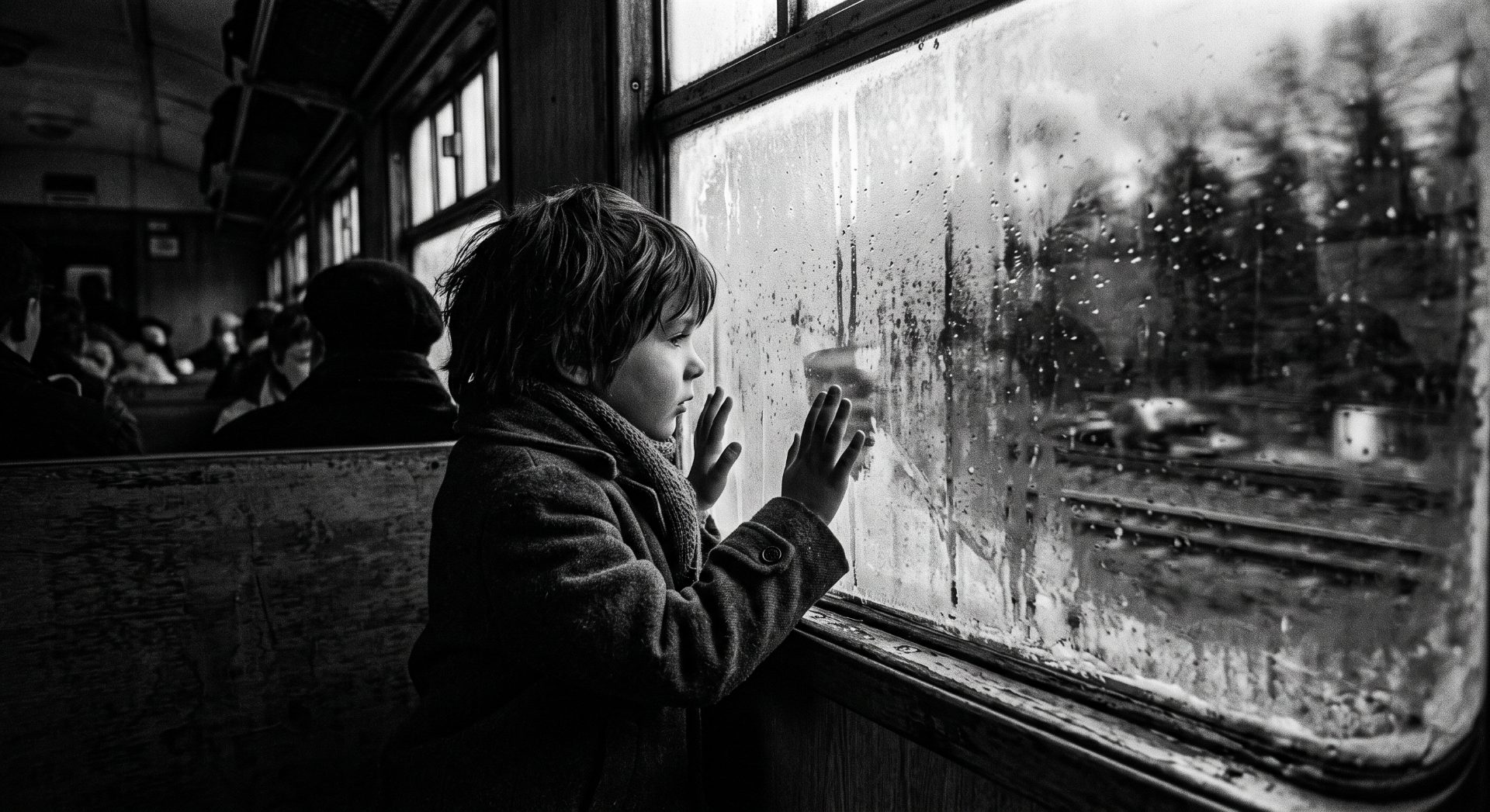 Child Gazing Through Frosted Train Window