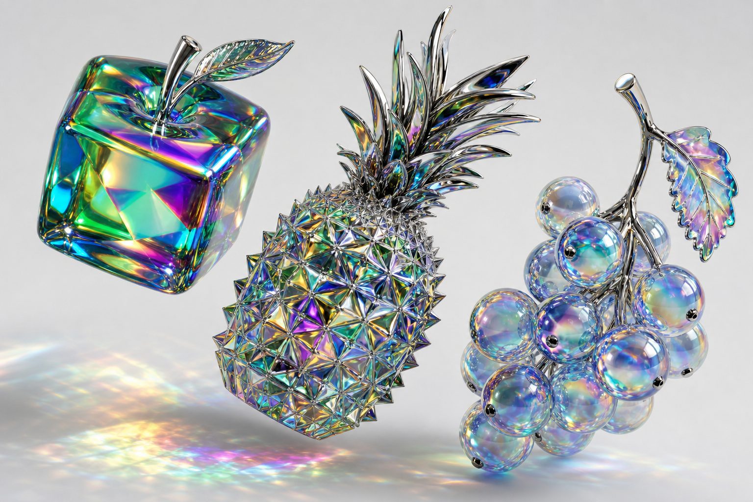 Iridescent Geometric Fruit Sculptures
