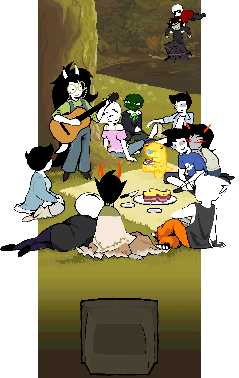 The Homeslice cast has a cake picnic outside
