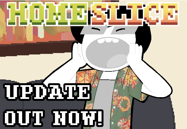 Jake English, who’s wearing a floral button up shirt, shouts at the top of his lungs. On the screen reads: Homeslice. Update out now!”