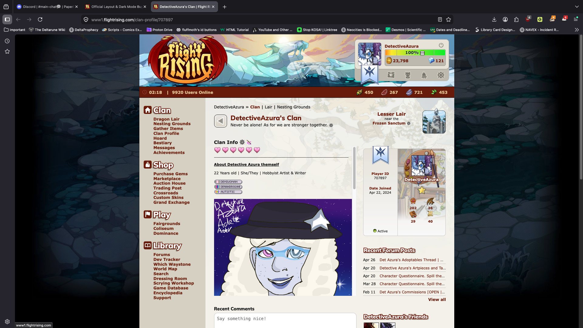 A screenshot of Detective Azura's Flight Rising Profile Page