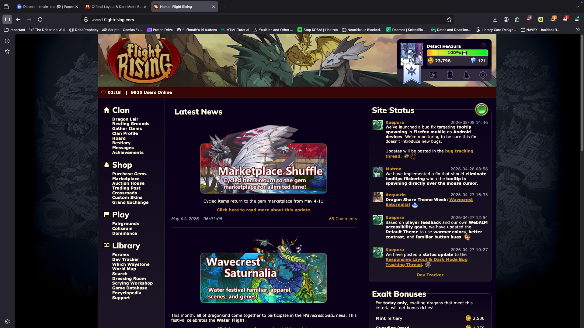 A screenshot of the Main Page of Flight Rising