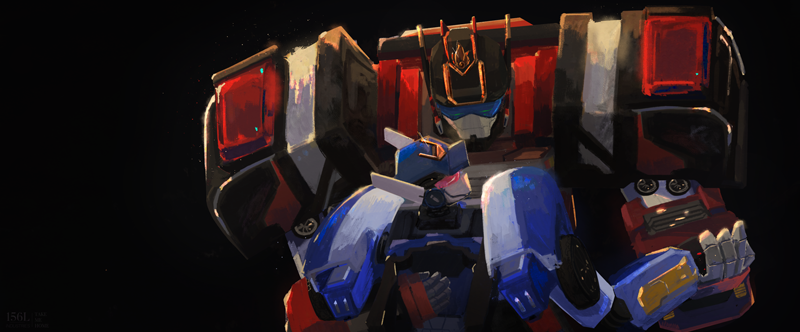 a fanart illustration of flame nova and blue cop from metal cardbot dancing in a dimly lit place