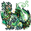 animated pixel art of a green skydancer in green apparel bobbing up and down with two yellow music notes alternating and flashing next to her head, as though she is singing. by hawkeyyee