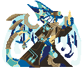 a pixel art illustration of a blue fae scientist in a surgestream coat holding a crystal of sacridite. by osteophagy