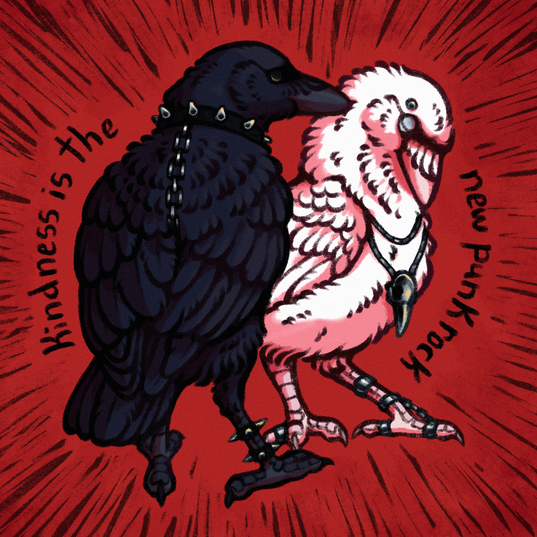 drawing of punk crows; kindness is the new punk rock